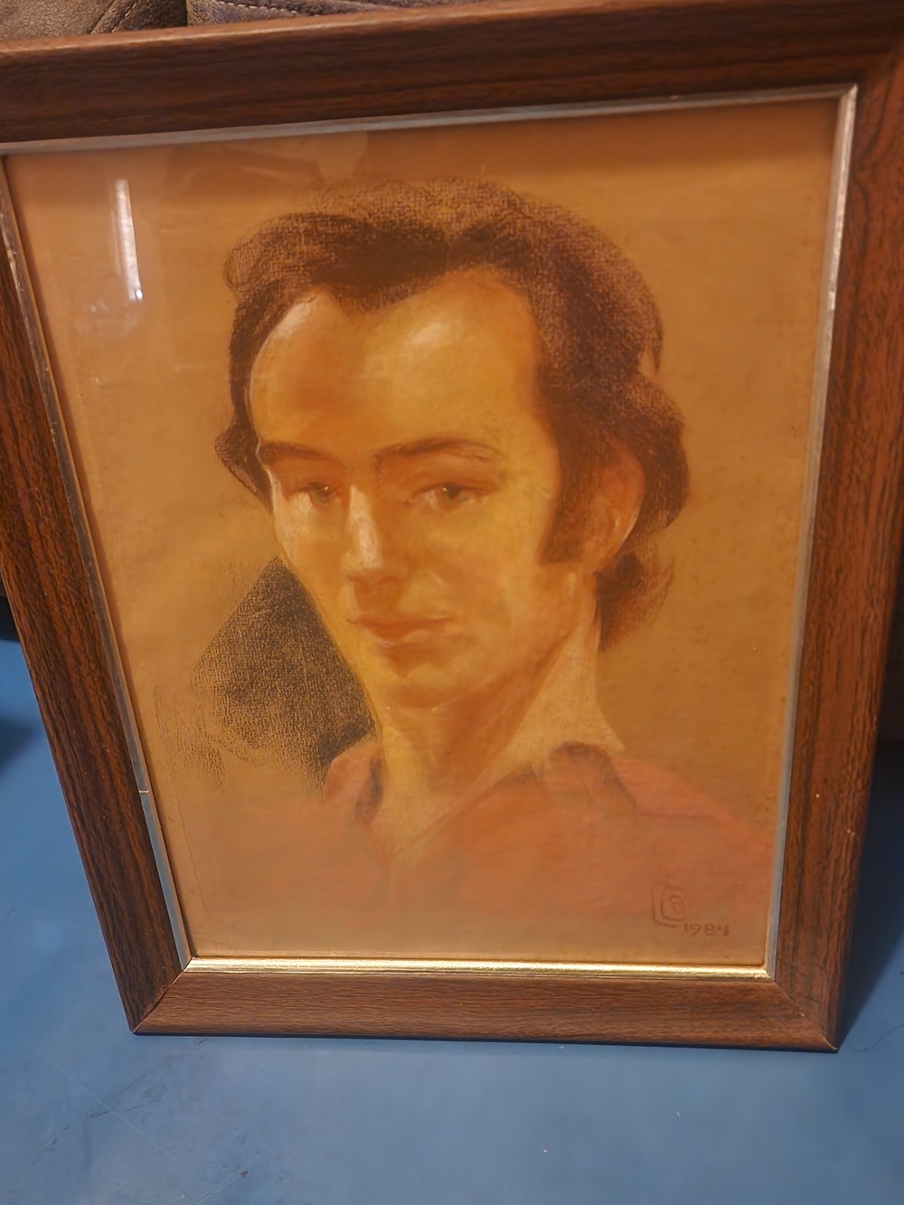 Vintage 1984 Framed Portrait Drawing in Brown and Cream Tones